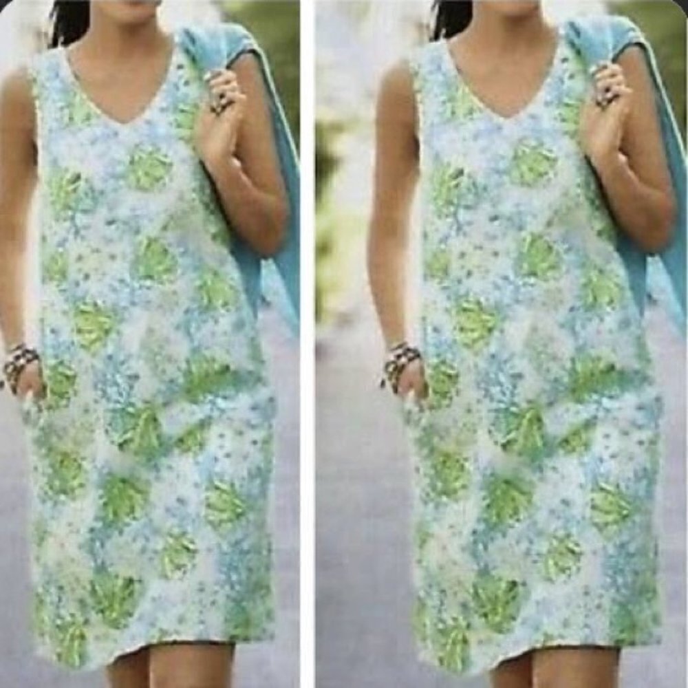 J. Jill 100% Linen Beachy Boho Fun Novelty Print V-Neck Dress